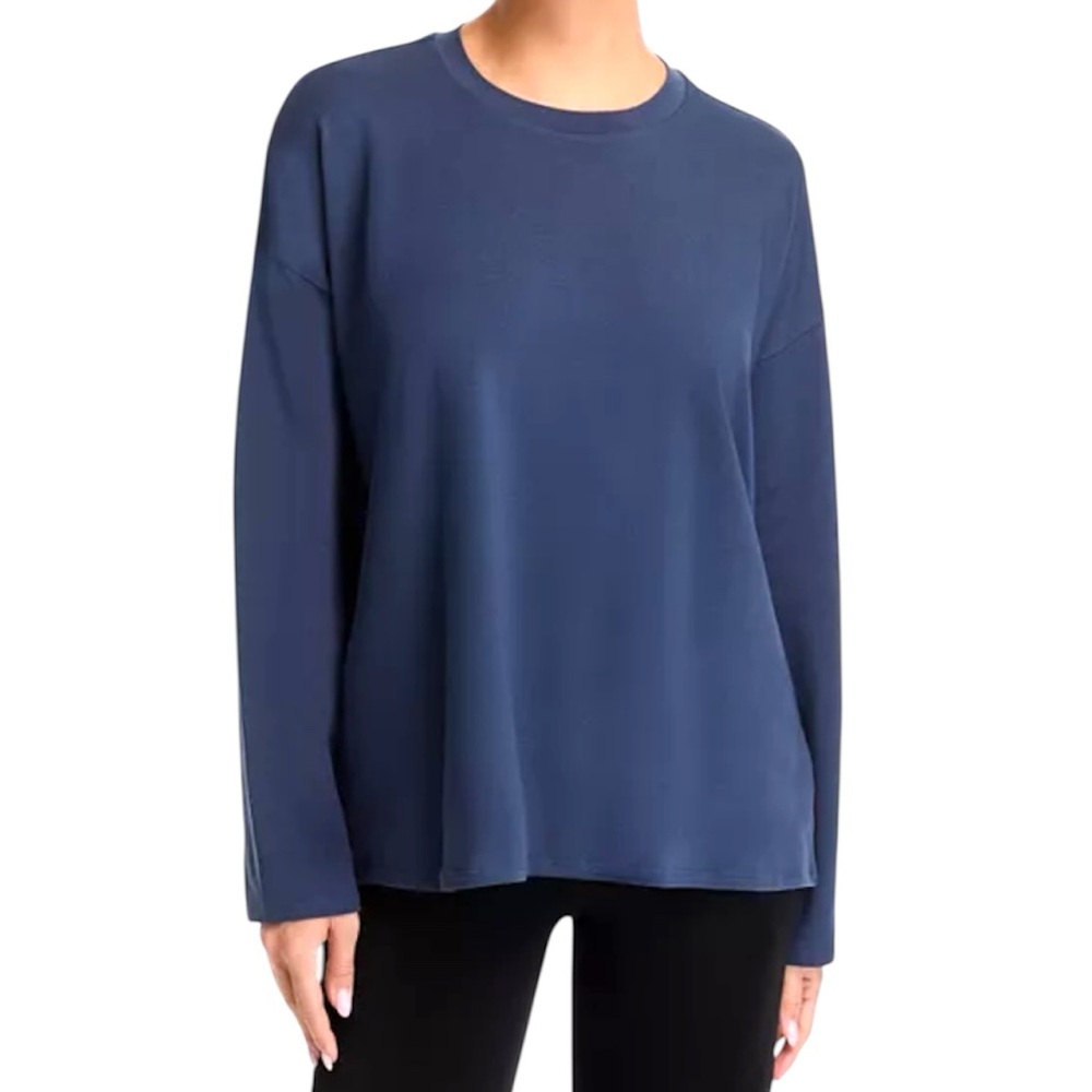Eileen Fisher Navy Organic Cotton Stretch Jersey High Crewneck Box Top - Picture 8 of 8